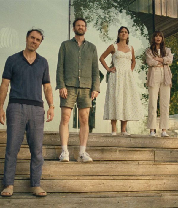 Michael Angelo Covino, Kyle Marvin, Adria Arjona, and Dakota Johnson in SPLITSVILLE